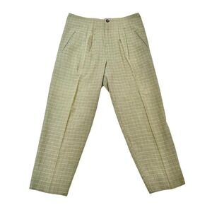 Unbranded Linen Green Plaid High Waisted Pleated Tapered Trouser Pants Lagenlook